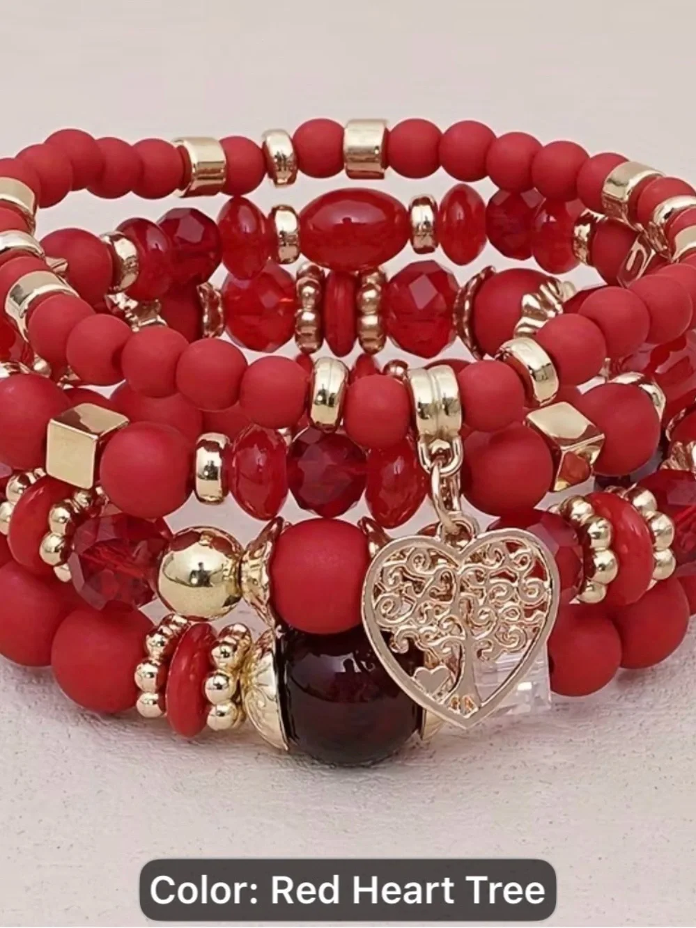 Handmade European & American Red Beaded Heart Tree Bracelet Stack